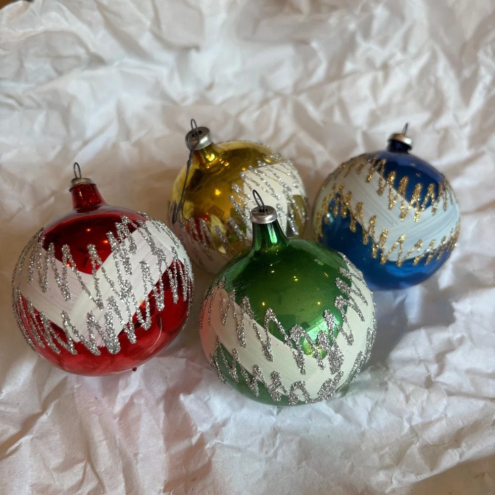Vintage Multicolor Glass Ball Ornaments Silver Gold Glitter Zigzag Pattern 4pc
